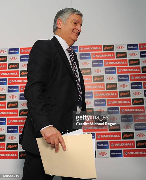 David Bernstein, FA Chairman leaves a press conference following the resignation of England manager Fabio Capello, at Wembley Stadium on February 9,...