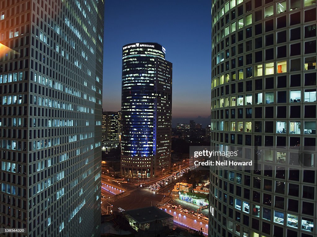 Cily buildings at night in Tel Aviv