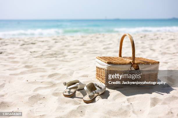 simple beach picnics - hamper stockfoto's en -beelden