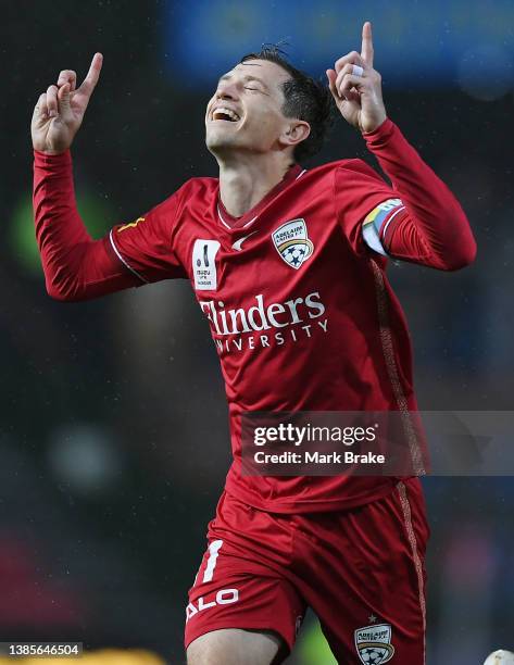 Craig Goodwin of Adelaide United celebrates after scoring his teams first goal during the A-League Mens match between Adelaide United and Western...