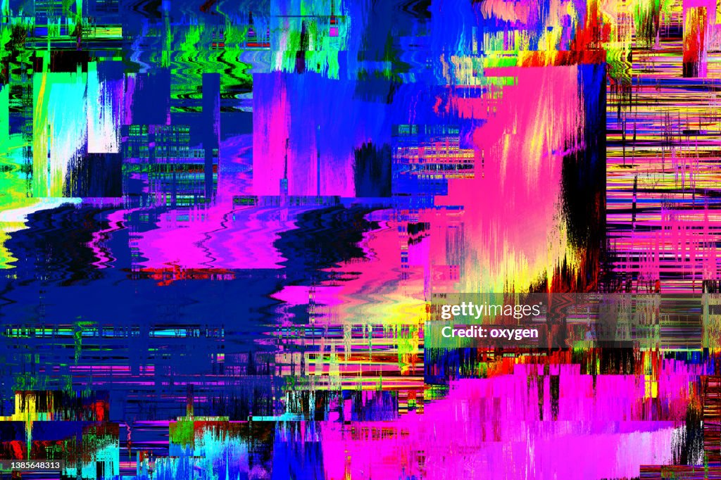 Abstract Futuristic Neon Blue Purple Distorted Background. Glitch Texture Geometric Square Extrude Shapes