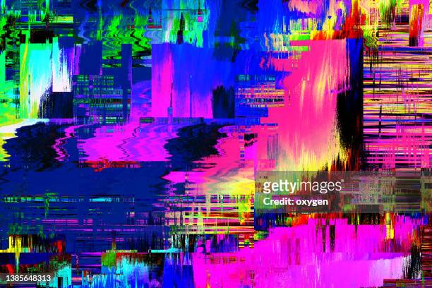 abstract futuristic neon blue purple distorted background. glitch texture geometric square extrude shapes - problemen stockfoto's en -beelden