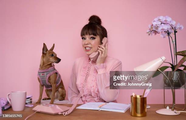 retro style businesswoman and pet miniature pinscher at work - offbeat imagens e fotografias de stock