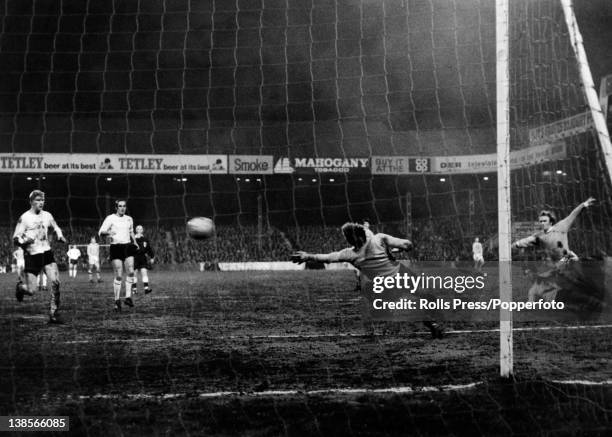Francis Lee scores the 4th goal for Manchester City in their European Cup Winners Cup semi-final 2nd leg against Schalke 04 at Mine Road in...