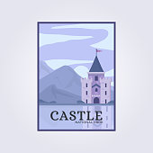 Castle illustration poster vector, banner lake water design icon scenic, beautiful poster, landscape poster with castle