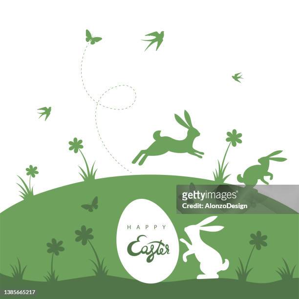 ilustraciones, imágenes clip art, dibujos animados e iconos de stock de caza de huevos de pascua. tarjeta de conejo de pascua. - pascua