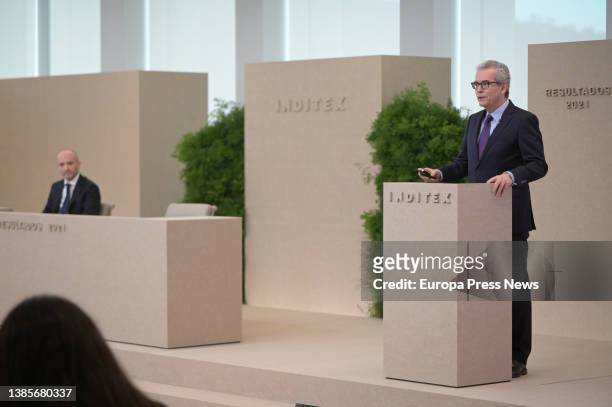 Inditex's Chairman, Pablo Isla , and CEO Oscar Garcia Maceiras , during the presentation of the 2022 results, in Arteixo, on 16 March, 2022 in A...