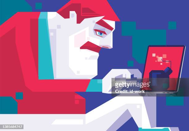 middle age man using computer with bomb - i miss it stock illustrations