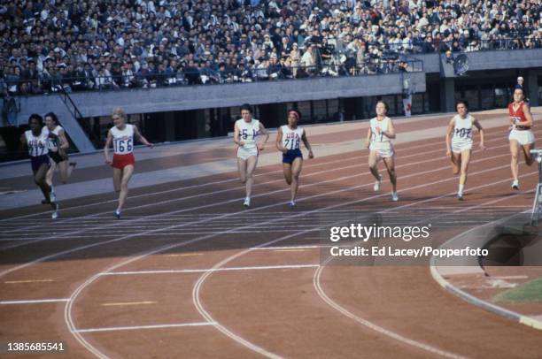 Athletes, from left, eventual gold medallist Wyomia Tyus of United States , Margaret Burvill of Australia, Ewa Klobukowska of Poland , Dorothy Hyman...