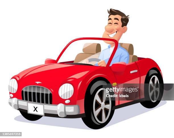 ilustraciones, imágenes clip art, dibujos animados e iconos de stock de hombre conduciendo un coche rojo - coche pequeño