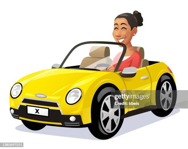frau, die ein gelbes auto fährt - compact car stock-grafiken, -clipart, -cartoons und -symbole