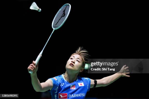 Nozomi Okuhara of Japan competes in the Women's Singles first round match against Line Christophersen of Denmark on day one of the Yonex All England...