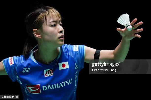 Nozomi Okuhara of Japan competes in the Women's Singles first round match against Line Christophersen of Denmark on day one of the Yonex All England...