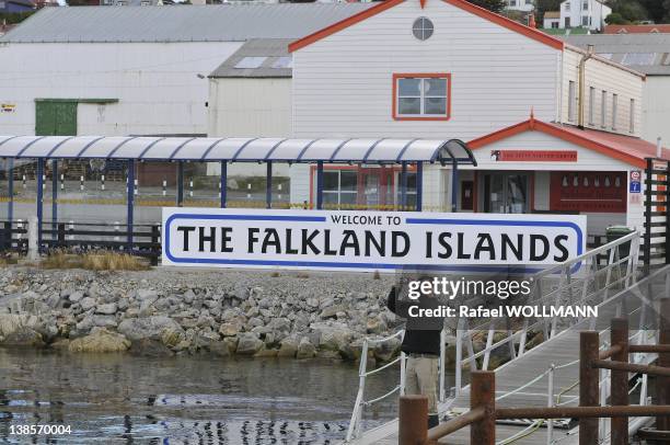 Welcome to the Flaklands Islands sign on January 22, 2012 in Port Stanley, Falklands Islands.