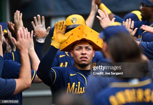 William Contreras of the Milwaukee Brewers celebrates his three-run home run during the third inning against the Pittsburgh Pirates at PNC Park on...