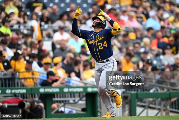 William Contreras of the Milwaukee Brewers celebrates his three-run home run during the third inning against the Pittsburgh Pirates at PNC Park on...