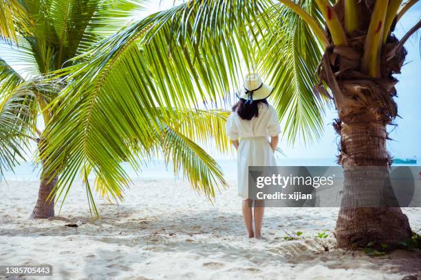 young women standing  under a coconut tree by the sea - butlins stock pictures, royalty-free photos & images