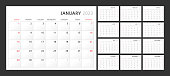 Wall quarterly calendar template for 2023 in a classic minimalist style. Week starts on Sunday. Set of 12 months. Corporate Planner Template. A4 format horizontal