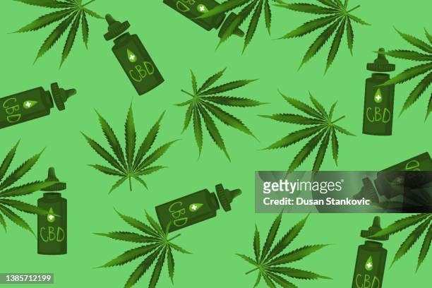 ilustraciones, imágenes clip art, dibujos animados e iconos de stock de botellas de cbd y cannabis medicinal - cannabis medicinal