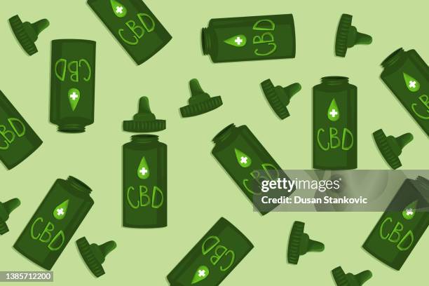 cbd bottles and bottle caps - marijuana background stock illustrations