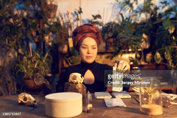 sorceress reading tarot cards in obscure room - witch's hat stock pictures, royalty-free photos & images