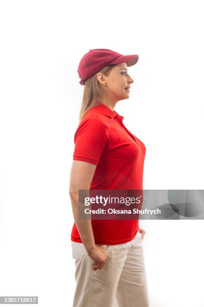 side view of woman in red t-shirt polo - polo shirt template stock pictures, royalty-free photos & images