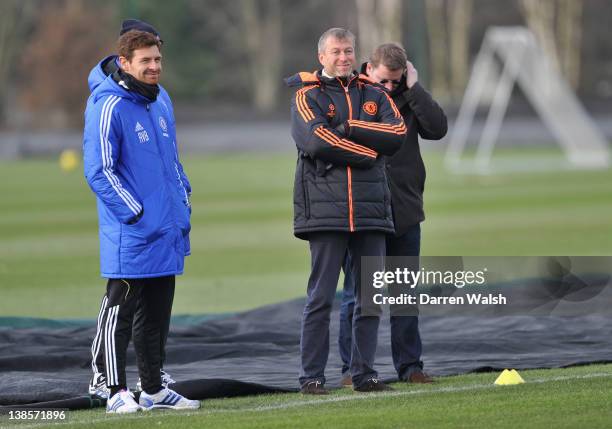 Chelsea owner Roman Abramovich with Chelsea manager Andre Villas-Boas during a training session at the Cobham training ground on February 9, 2012 in...