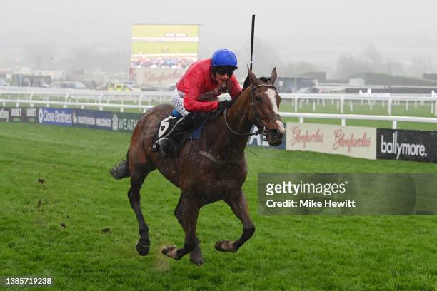 Paul Townend on Sir Gerhard approach the finish line to win the Ballymore Novices' Hurdle race during day two of Cheltenham Festival 2022 at...