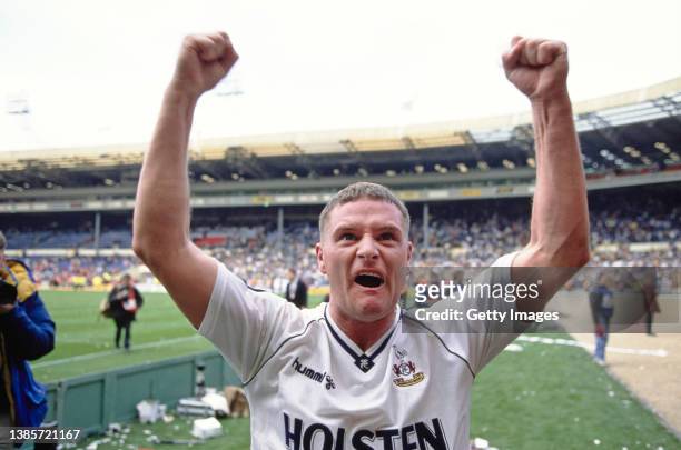Tottenham Hotspur player Paul Gascoigne celebrates in front of the Spurs fans after the 1991 FA Cup Semi Final victory against Arsenal at Wembley...