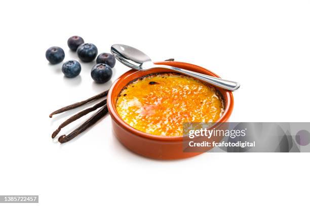 French Creme Brulee Or Crema Catalana Dessert Isolated On White High-Res Stock Photo