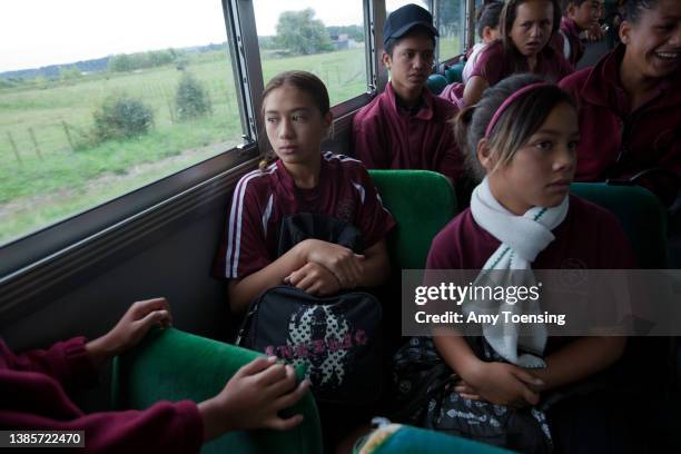 Students take the school bus to Te Kura Kaupapa Maori O Ruatoki, on February 15, 2010 in Ruatoki, New Zealand.