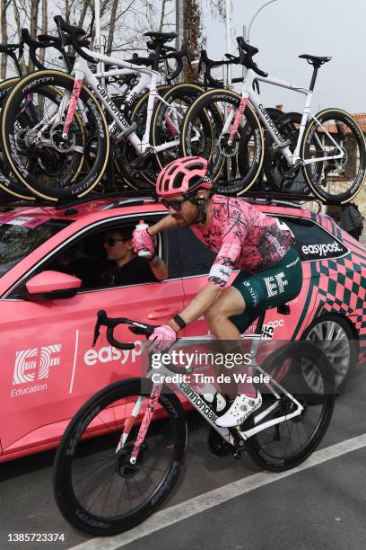 Alex Howes of United States and Team EF Education - Easypost picks food and bottles from Team car during the 103rd Milano-Torino 2022 a 197km one day...