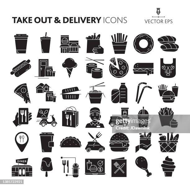 restaurant take out and delivery food and drink black and white icon - convenience vector stock illustrations