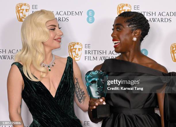 Lady Gaga and Lashana Lynch, winner of the Rising Star award 2022 pose in the winners room at the EE British Academy Film Awards 2022 at Royal Albert...