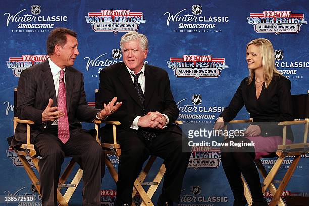 General managers Ken Holland of the Detroit Red Wings and Brian Burke of the Toronto Maple Leafs sit in on the NHL Network broadcast hosted by...