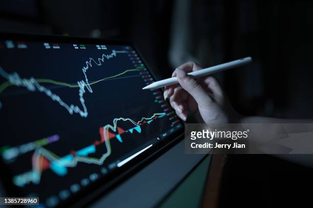 securities analysis scenario for late night work - chinese currency stock pictures, royalty-free photos & images
