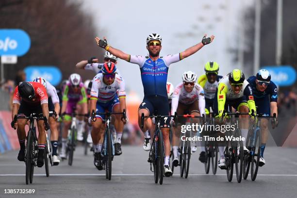 Mark Cavendish of United Kingdom and Team Quick-Step - Alpha Vinyl celebrates at finish line as race winner ahead of Nacer Bouhanni of France and...