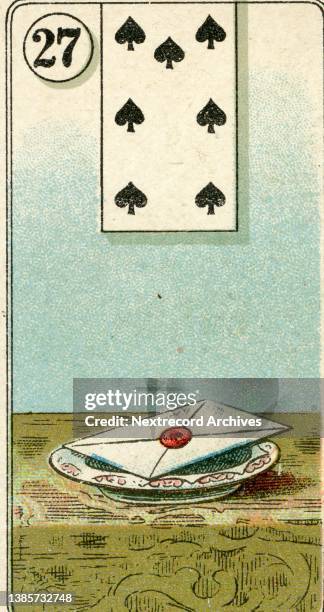 Seven of clubs playing card, with fortune below depicting an letter closed with a wax seal, perhaps a love letter, from vintage illustrated cigarette...