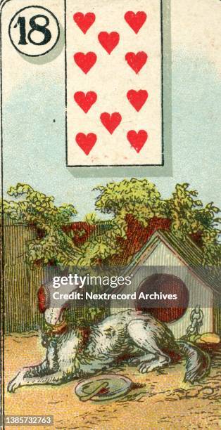 Ten of Hearts playing card, with fortune below depicting a loyal dog resting by a doghouse, from vintage illustrated cigarette card, Fortune Telling...