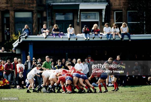 The two scrums pack down infront of spectators during the 1994 Women's Rugby Union World Cup Final between England and USA played in Edinburgh,...