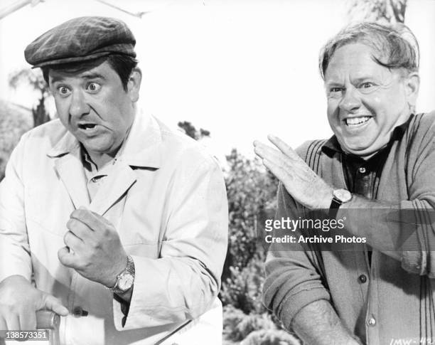 Buddy Hackett and Mickey Rooney in a scene from the film 'It's A Mad Mad Mad Mad World', 1963.