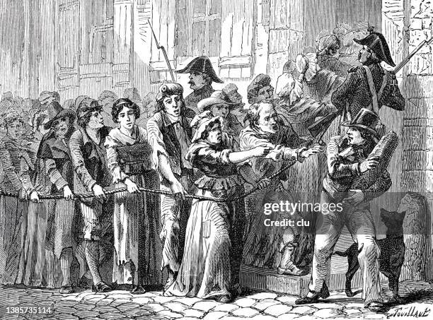 french revolution: citizens in the queue at bakery shops - french revolution stock illustrations