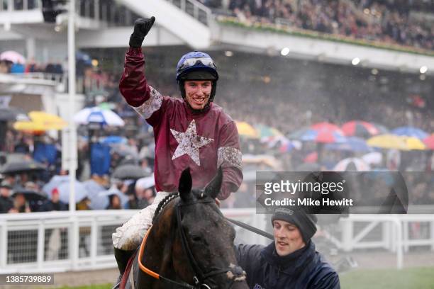 Jack Kennedy on Delta Work celebrates after winning the Glenfarclas Chase race during day two of Cheltenham Festival 2022 at Cheltenham Racecourse on...
