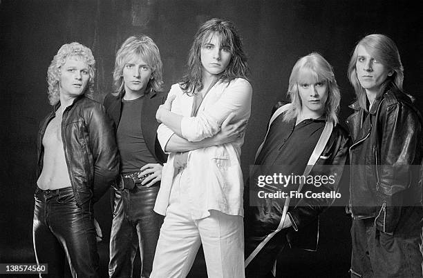 English rock group Girl posed in London in 1980. Left to right: Bryson Graham, Phil Collen, Philip Lewis, Gerry Laffy and Simon Laffy.