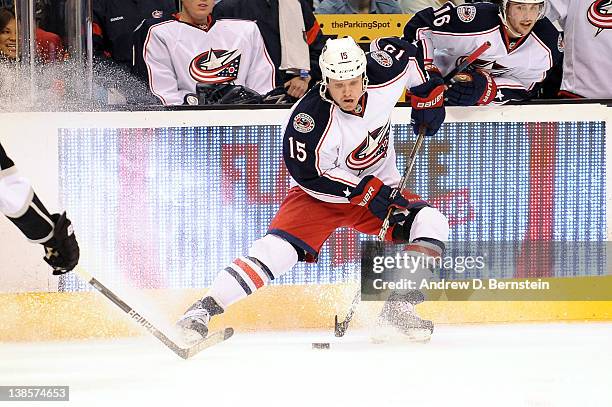 Derek Dorsett of the Columbus Blue Jackets skates with the puck against the Los Angeles Kings at Staples Center on February 1, 2012 in Los Angeles,...