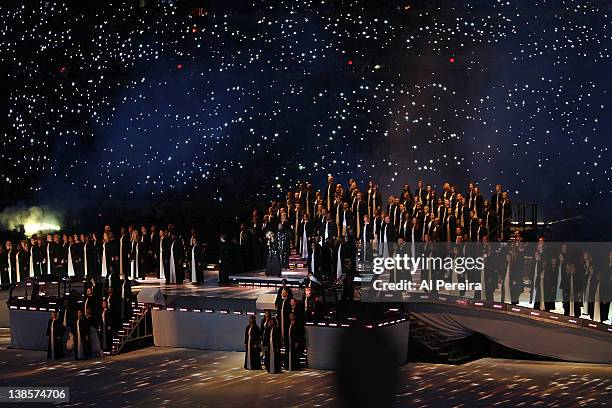 Madonna and Cee-Lo Green perform during the Bridgesone Super Bowl XLVI Halftime Show at Lucas Oil Stadium on February 5, 2012 in Indianapolis,...