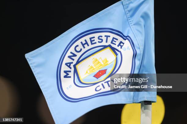 Manchester City corner flag is seen during the UEFA Champions League Round Of Sixteen Leg Two match between Manchester City and Sporting CP at City...