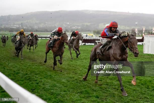 Patrick Mullins riding Facile Vega win The Weatherbys Champion Bumper on day two of The Festival at Cheltenham Racecourse on March 16, 2022 in...