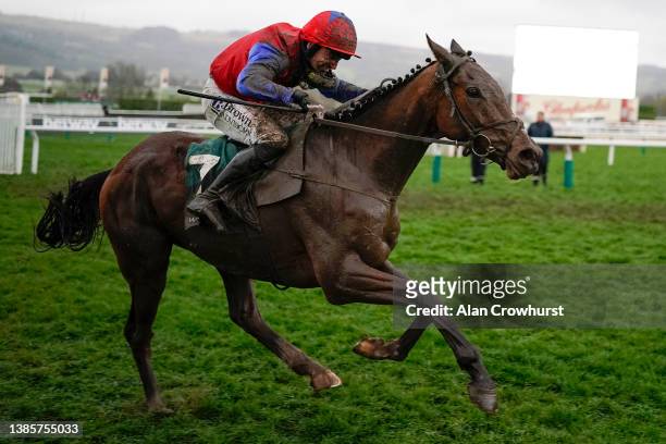 Patrick Mullins riding Facile Vega win The Weatherbys Champion Bumper on day two of The Festival at Cheltenham Racecourse on March 16, 2022 in...