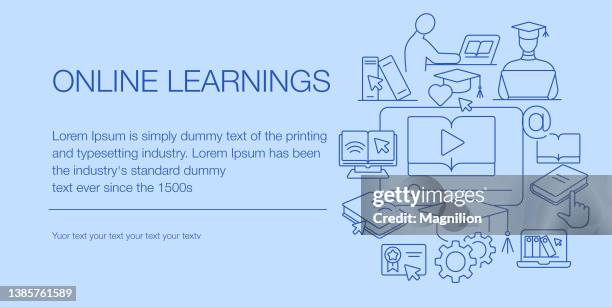 online e-learning editable stroke web banner composition icons - learning computer skills stock illustrations